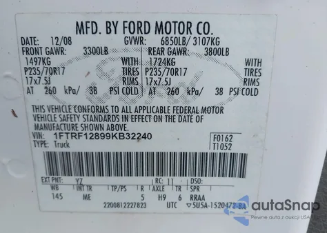2009 Ford F150 from USA, damaged, VIN 1FTRF12899KB32240